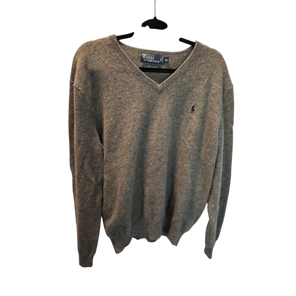Polo Ralph Lauren Sweater Mens XL Gray Lambswool V-Neck Pullover Knit Classic